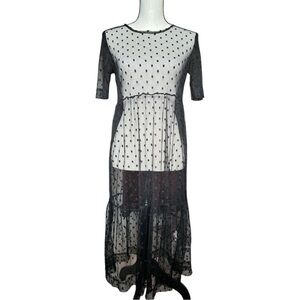 Romantic Boho Whimsygoth Black Sheer Mesh Overlay Dress with Polka Dots | Small